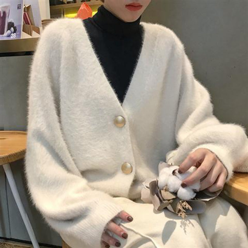 V-Neck Knitted Cardigan Button Mink Like Coat
