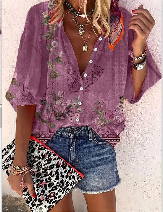 Women's Fashion Stand Collar Loose Button Vintage Printed Casual Shirt