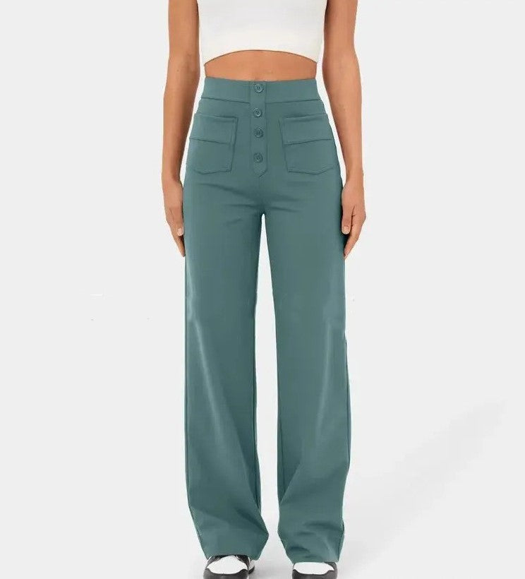 New Fall Women's Clothing High Waist Pocket Wide Leg Button Casual Baggy Straight Trousers Trousers