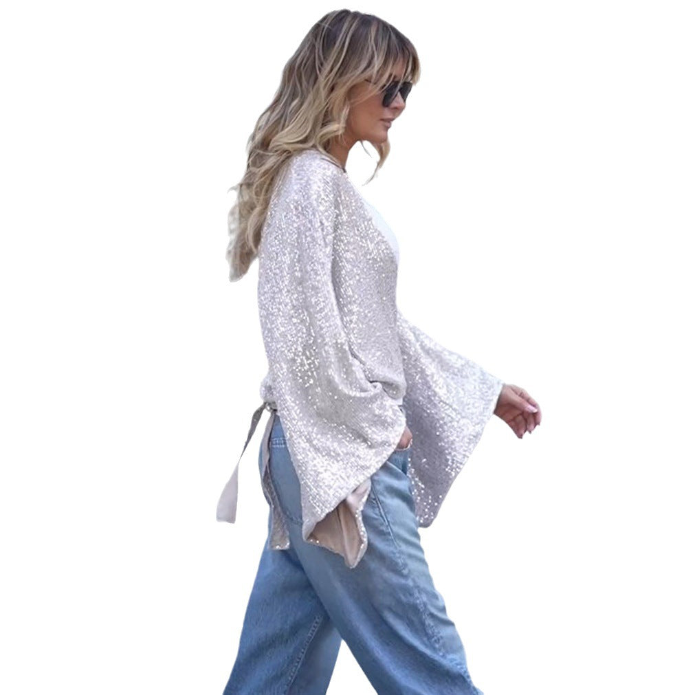 Sequined Lace-up Fashion Casual Shirt Loose Party Bell Sleeve Top For Women