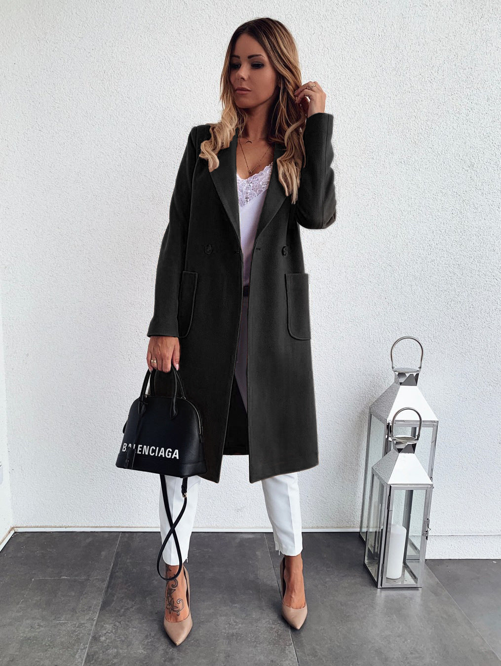 Long candy color lapel woolen coat