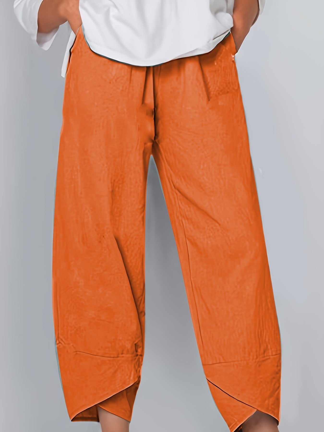 Cotton Sack Trousers With Loose Solid Color Elastic Waist And Side Pockets