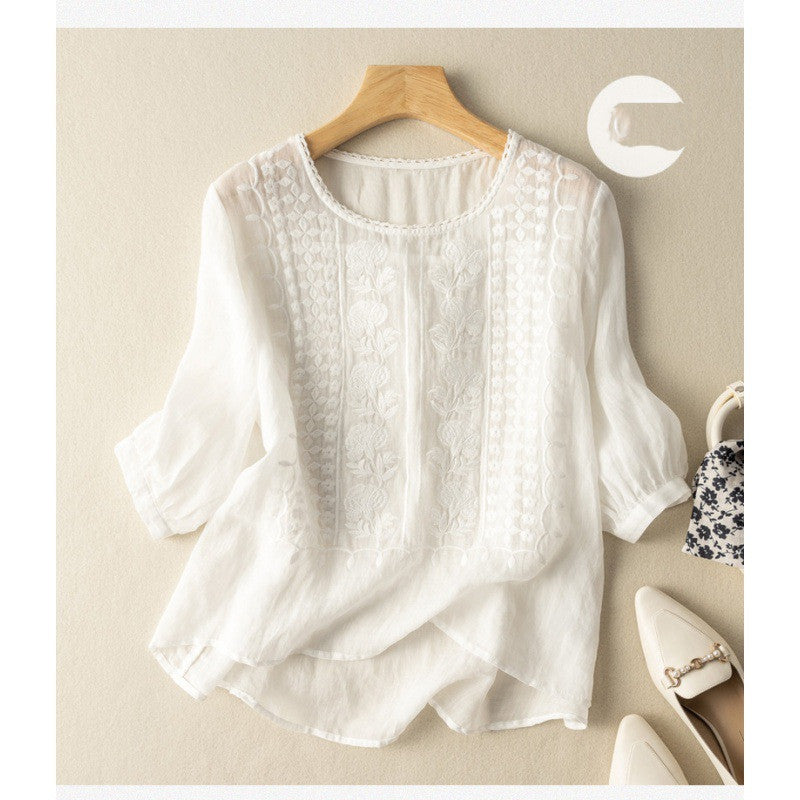 Women's Loose Embroidery Mid Sleeve Ramie Top