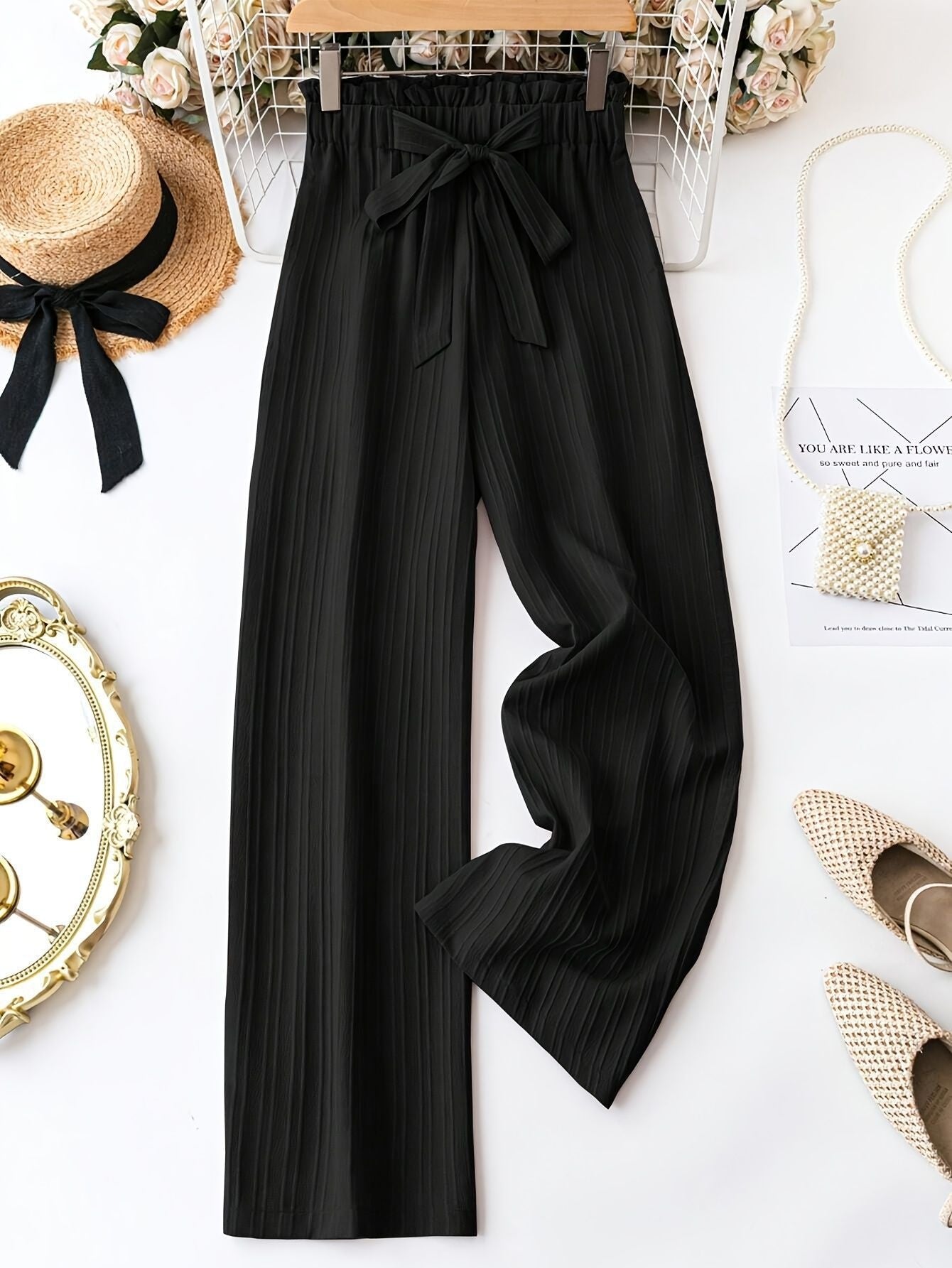 Women's Wide Leg Solid Color Casual Polyester Pant Belt Bow Detail