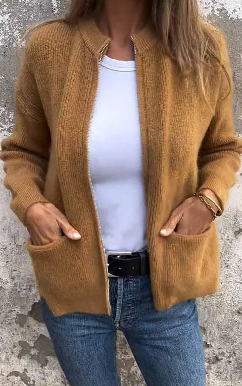 New Solid Color Casual Coat Zipper Sweater Cardigan