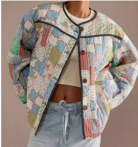 Elegant Blue Printed Lace-up Waist-tight Cotton-padded Jacket