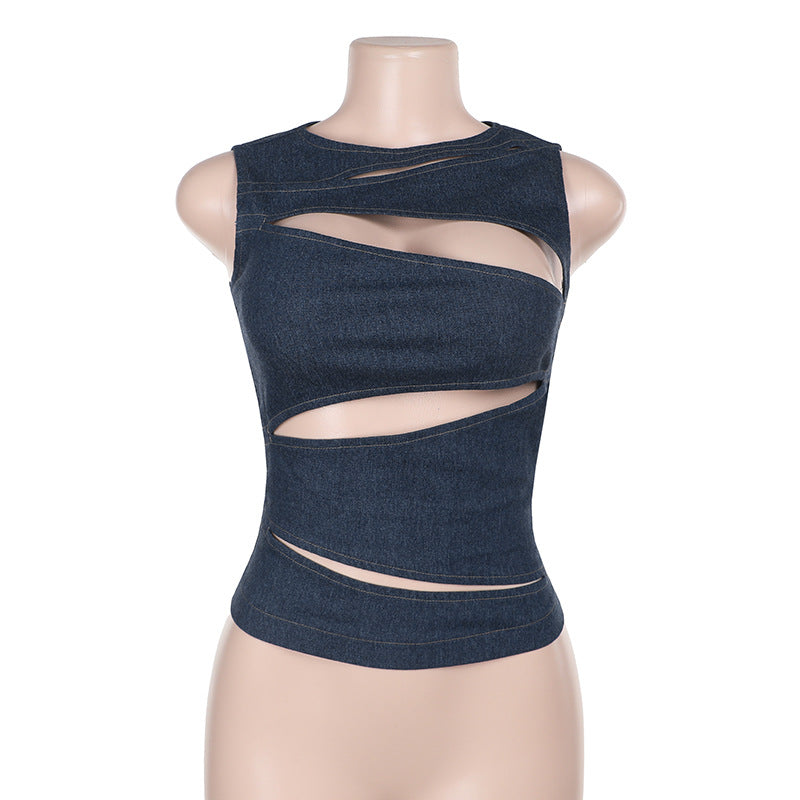 New Sexy Hollow-out Faux Denim Vest Top For Women