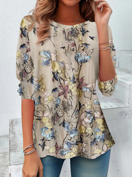 3D Printed Floral Round Neck Long Sleeve