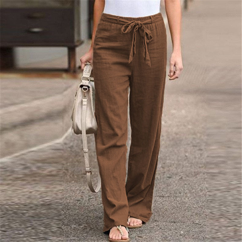 European And American Cotton And Linen Casual Wide-leg Pure Color Elastic Waist Lace-up Loose Women's Trousers