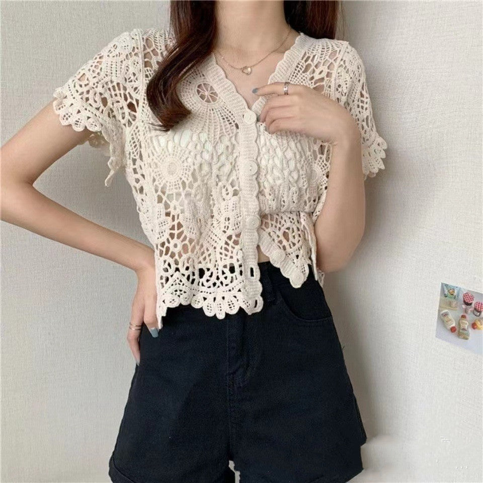 Niche V-neck Hollow Crochet Lace Shirt For Women