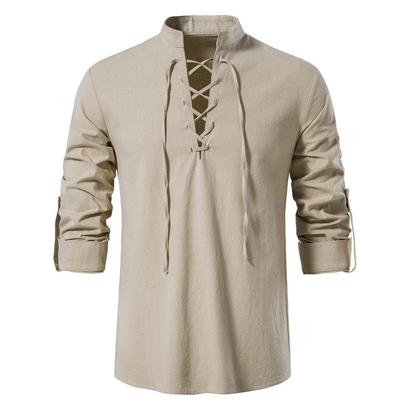 Men's Cotton Linen Long Sleeve Casual Stand Collar Shirt