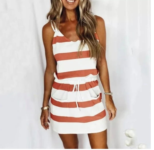 Women Fashion Stripe Drawstring Dress Summer Loose Sleeveless