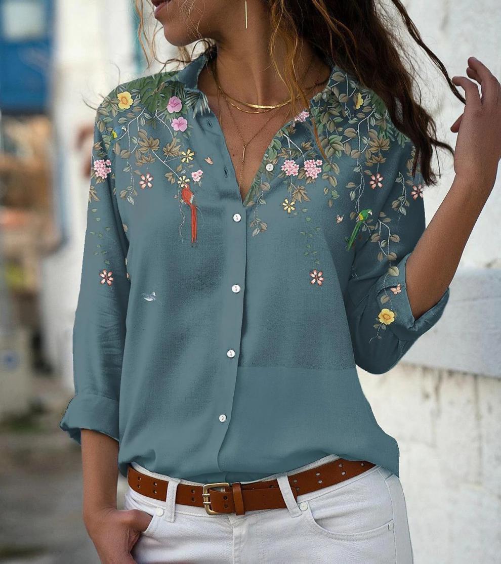 Long Sleeve Floral Collar Loose Casual Shirt