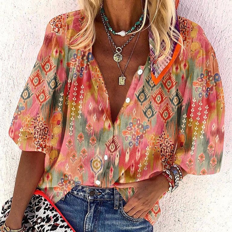 Fashion V-neck 3d Floral Printed Long-sleeved Top
