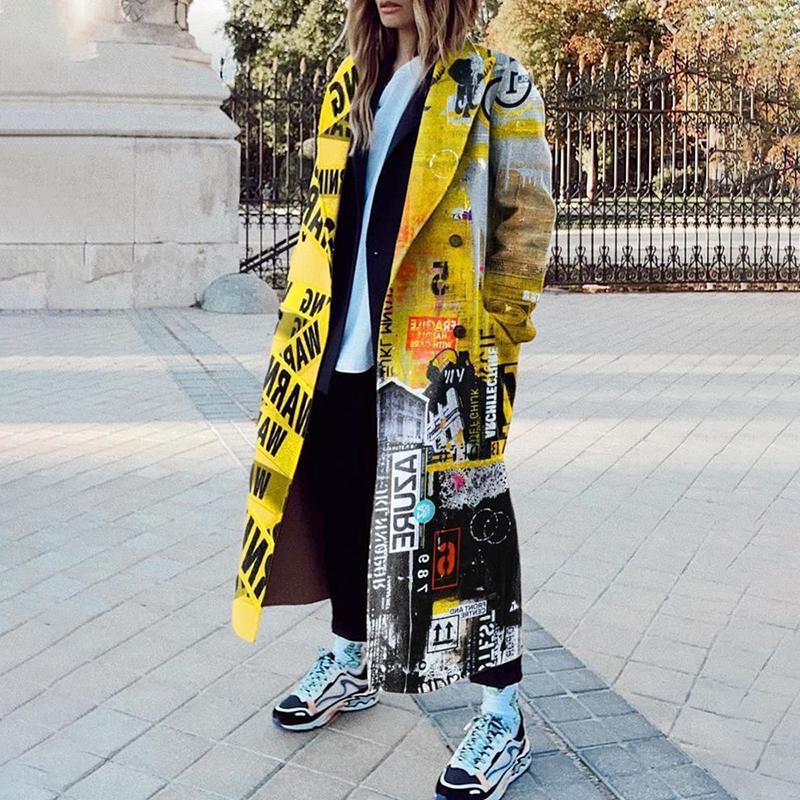 Women's Fashion Long Sleeve Turn-down Collar Coat Printed Woolen