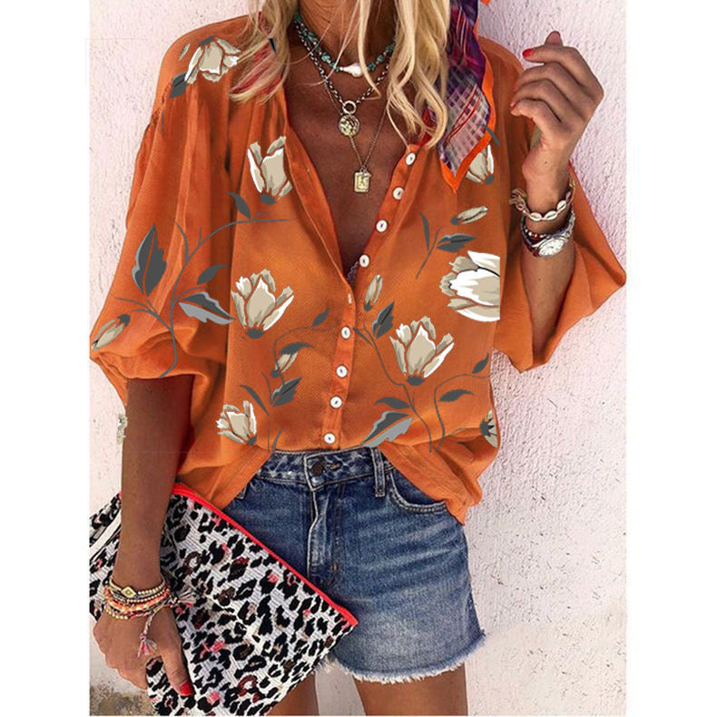 Flower Printed Nine-Sleeve Top Loose Casual Shirt