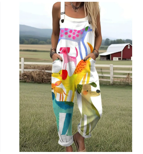 Female Digital 3D Printing Button Casual Suspender Trousers