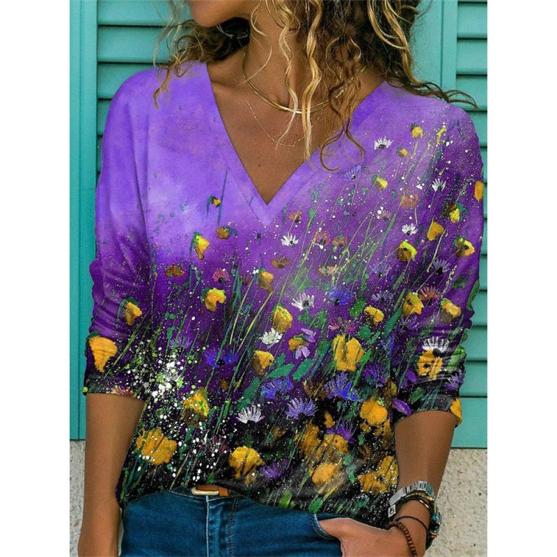 Women's Digital Print Casual Long Sleeve T-shirt