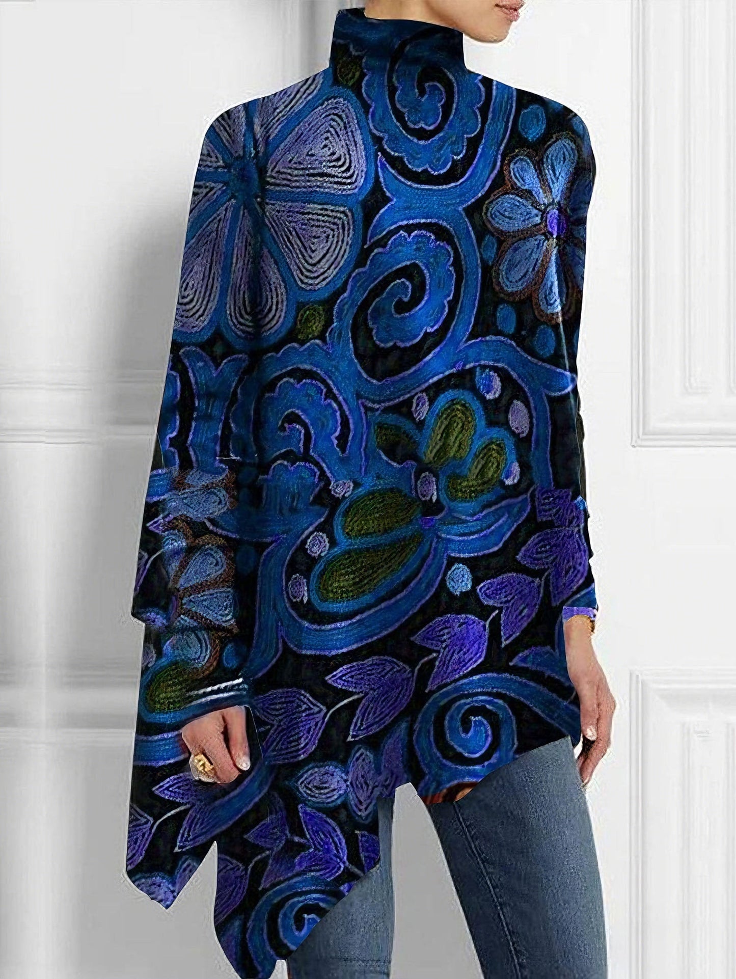Turtleneck Allover Floral Print Asymmetrical Hem Top