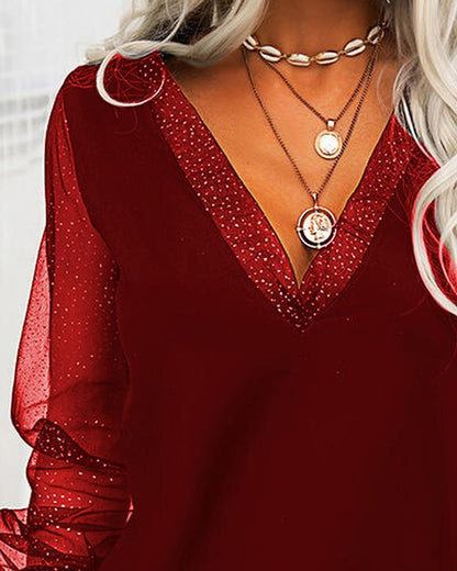 V Neck Fashion Mesh Patchwork Top