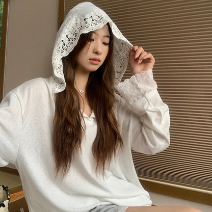 Crocheted Lace Stitching Hooded Loose Slimming And All-matching Top