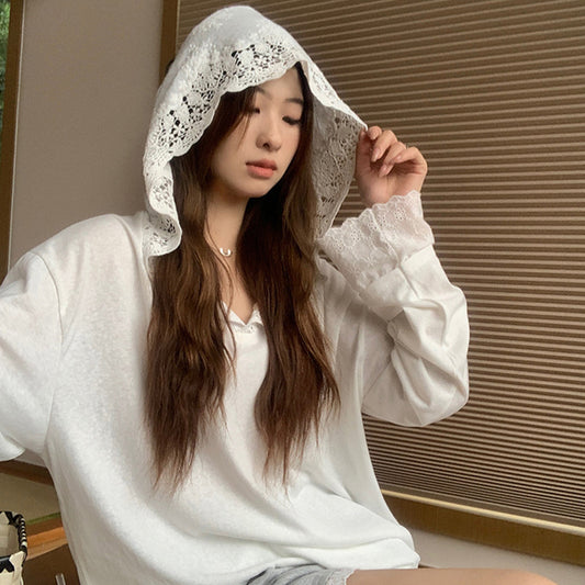 Crocheted Lace Stitching Hooded Loose Slimming And All-matching Top