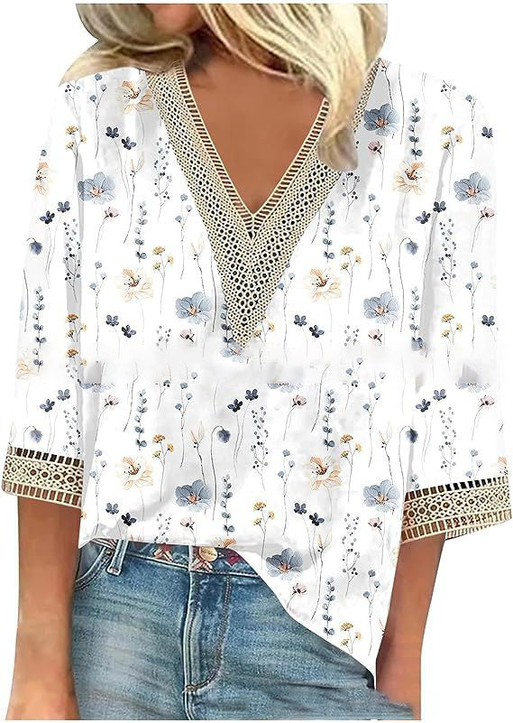 Wear Loose New Floral Print Stitching Lace Half Sleeve V-neck T-shirt