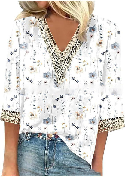 Wear Loose New Floral Print Stitching Lace Half Sleeve V-neck T-shirt