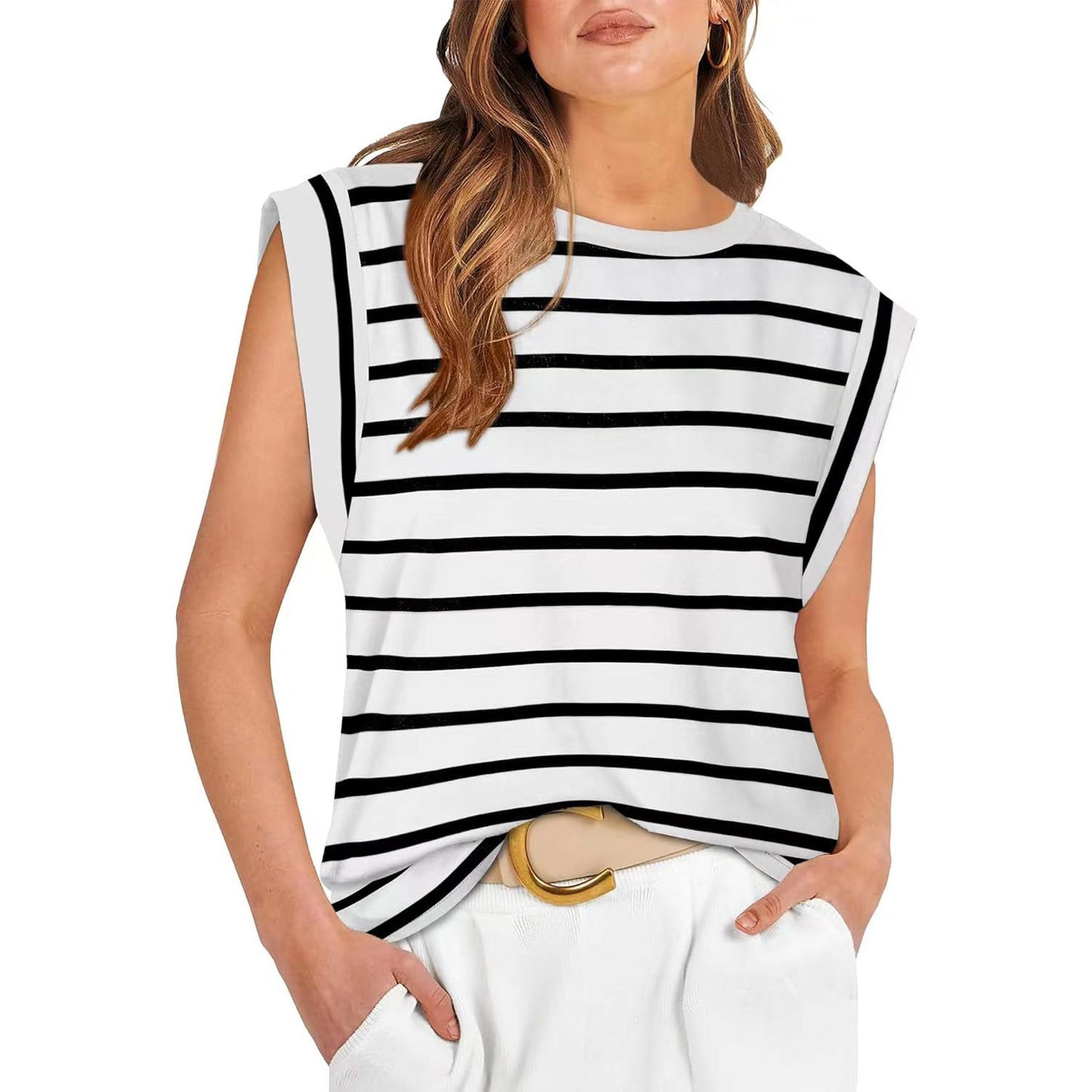 Round Neck Loose Short Sleeves Striped Top For Women