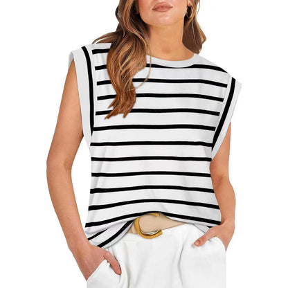 Round Neck Loose Short Sleeves Striped Top For Women