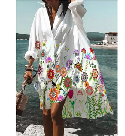 Women's Casual Loose Lapel Midi Shirt Dress