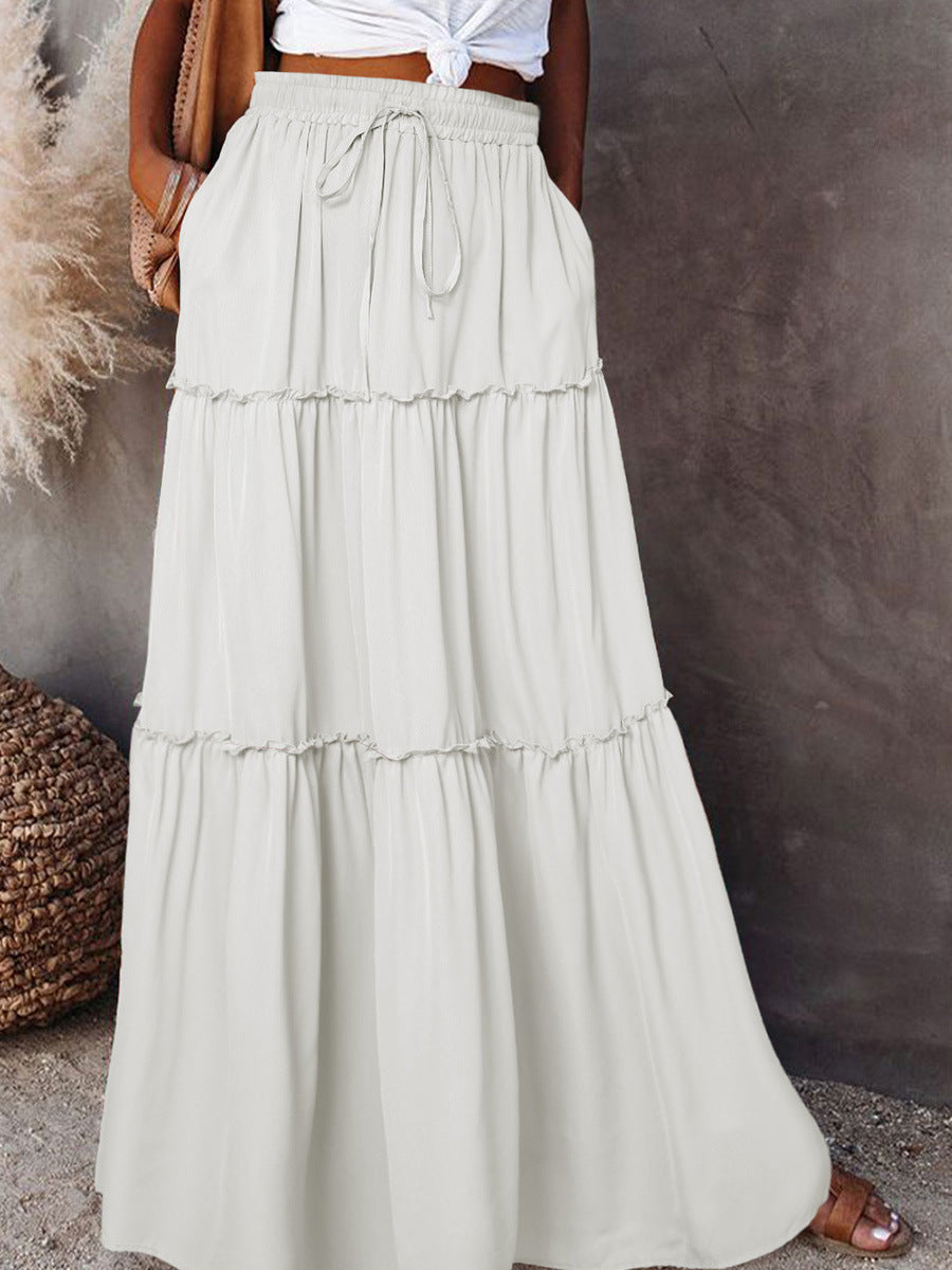 Women's Layered High Waist Elastic Lace-up Skirt With Wooden Ears