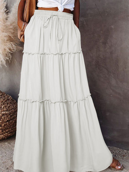 Women's Layered High Waist Elastic Lace-up Skirt With Wooden Ears