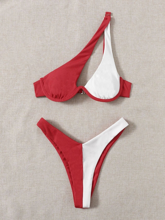 Ladies Split Swimsuit Solid Color One Shoulder Underwire Bikini