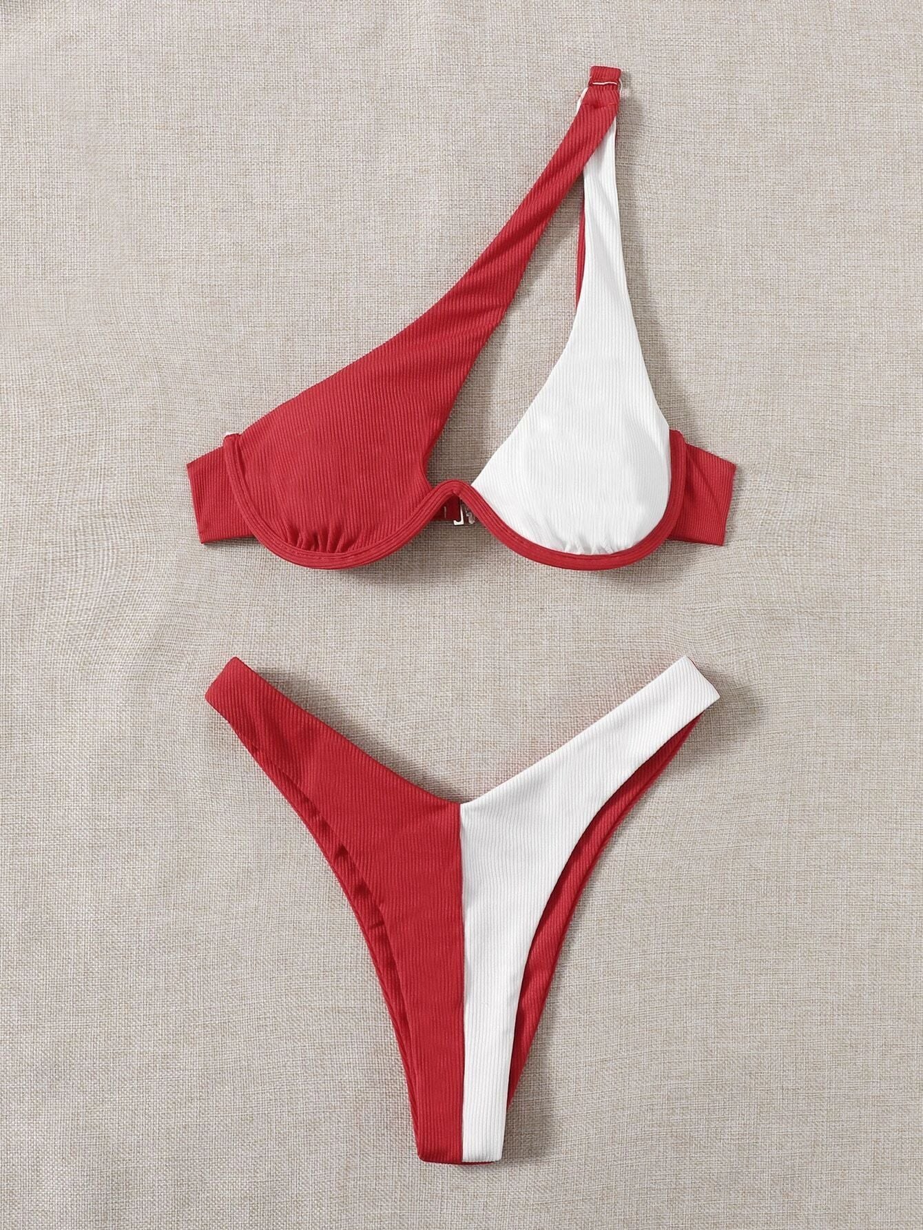 Ladies Split Swimsuit Solid Color One Shoulder Underwire Bikini
