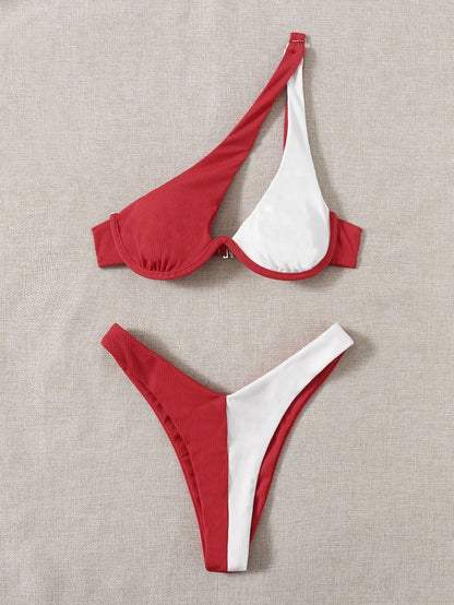 Ladies Split Swimsuit Solid Color One Shoulder Underwire Bikini