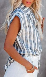 Short Sleeve Striped Women's Loose Single Breasted Shirt