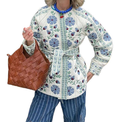 Elegant Blue Printed Lace-up Waist-tight Cotton-padded Jacket