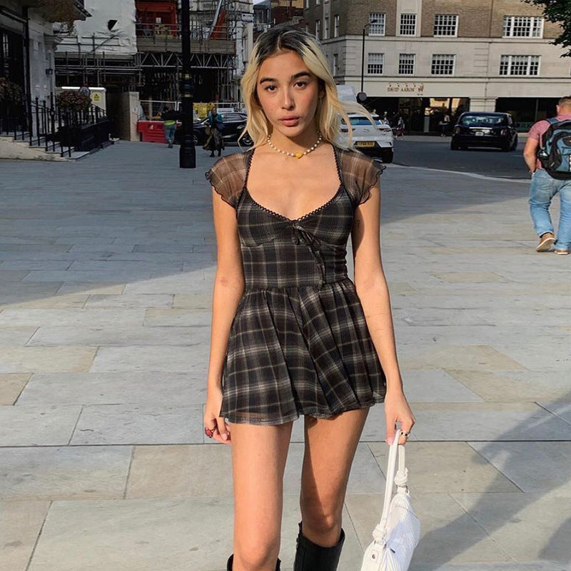 Gothic Plaid Dress Black Lace Up Women Dress Harajuku