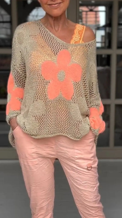 Floral Knitted Hollow Out V-neck Shirt