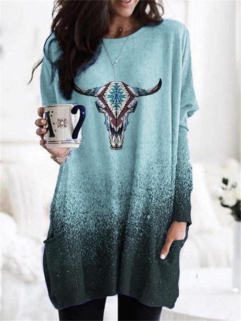 New Christmas Print Women's Fashion Pocket T-shirt Long