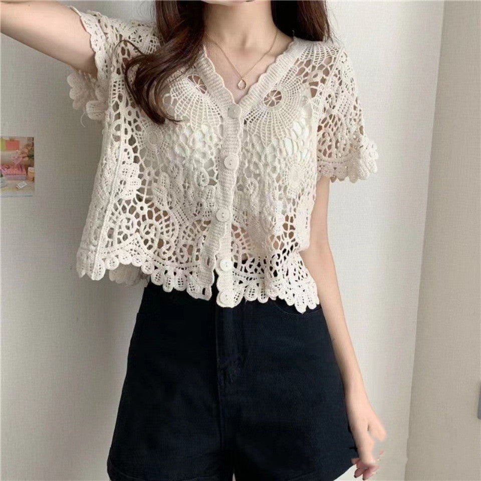 Niche V-neck Hollow Crochet Lace Shirt For Women