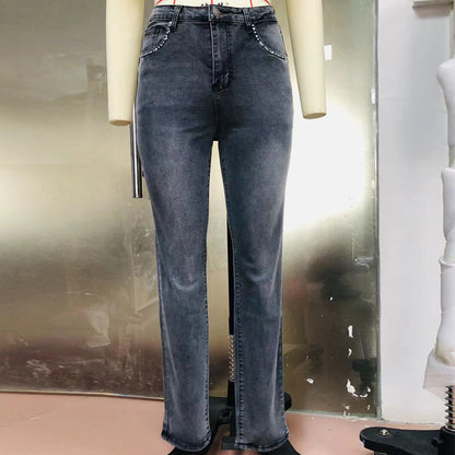 European And American Hot Pants New Retro Embroidered Skull Hot Rhinestone Elastic Slim Fit Slimming Skinny Denim Trousers