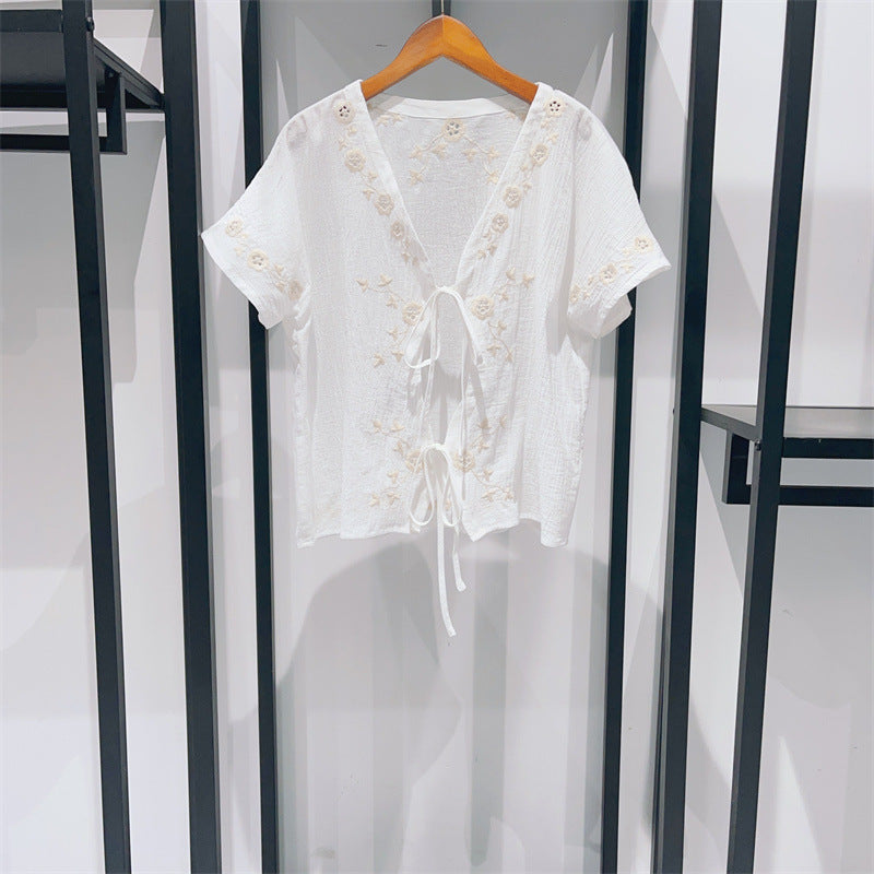 V-neck Short-sleeved Lace-up Mori Blouse