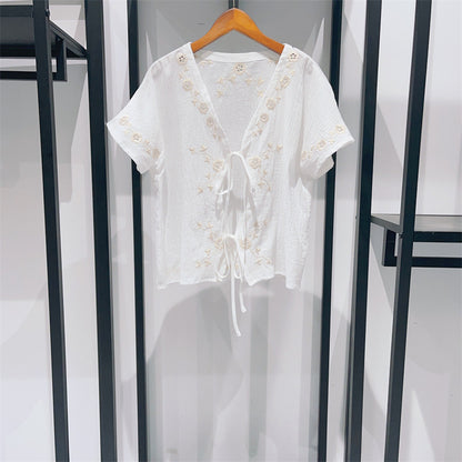V-neck Short-sleeved Lace-up Mori Blouse