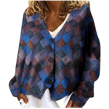 Spring And Autumn Casual V-neck Button Irregular Pattern Print Coat For Women