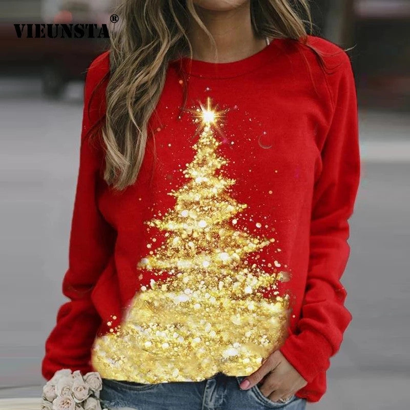 Women's Fashion Christmas Print Round Neck Pullover Long Sleeve Fleece Sweater