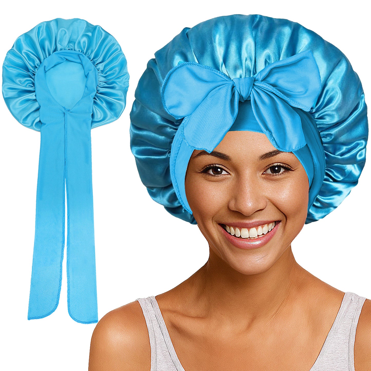 Satin Round Cap Bow Elastic Wide-brimmed Ribbon Nightcap