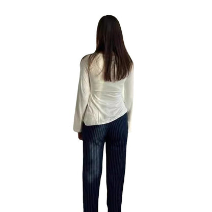Knitted Stretch Solid Color Pullover Twisted Butterfly Long Sleeve V-neck Top