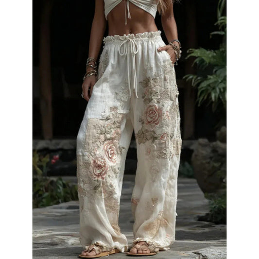 3D Floral Print Pattern Elegant Straight Women's Trousers
